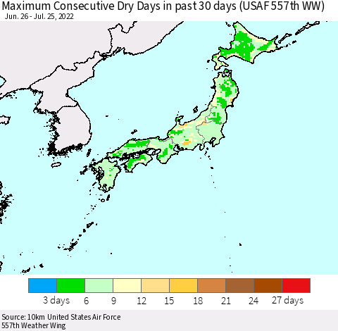 Japan Maximum Consecutive Dry Days in past 30 days (USAF 557th WW) 07/25/2022 Thematic Map For 7/21/2022 - 7/25/2022