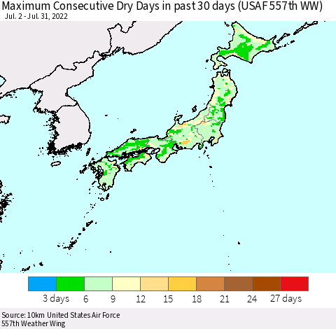 Japan Maximum Consecutive Dry Days in past 30 days (USAF 557th WW) 07/31/2022 Thematic Map For 7/26/2022 - 7/31/2022