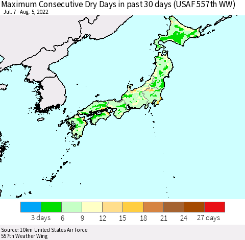 Japan Maximum Consecutive Dry Days in past 30 days (USAF 557th WW) 08/05/2022 Thematic Map For 8/1/2022 - 8/5/2022