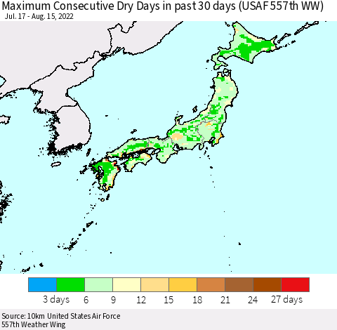 Japan Maximum Consecutive Dry Days in past 30 days (USAF 557th WW) 08/15/2022 Thematic Map For 8/11/2022 - 8/15/2022