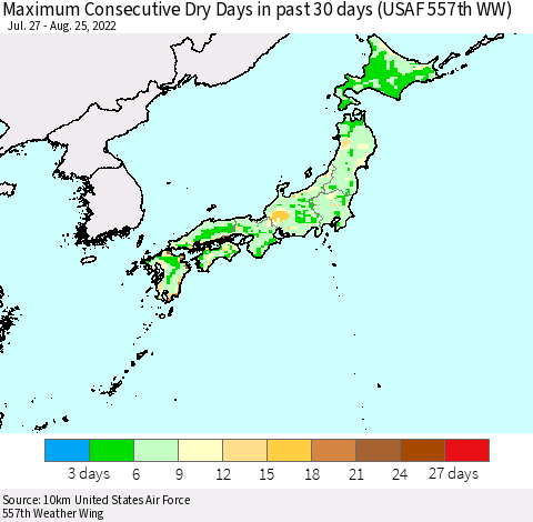 Japan Maximum Consecutive Dry Days in past 30 days (USAF 557th WW) 08/25/2022 Thematic Map For 8/21/2022 - 8/25/2022