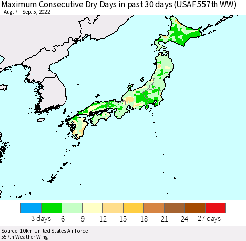 Japan Maximum Consecutive Dry Days in past 30 days (USAF 557th WW) 09/05/2022 Thematic Map For 9/1/2022 - 9/5/2022