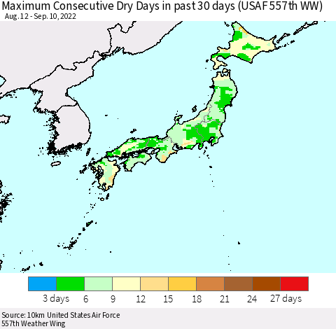 Japan Maximum Consecutive Dry Days in past 30 days (USAF 557th WW) 09/10/2022 Thematic Map For 9/6/2022 - 9/10/2022
