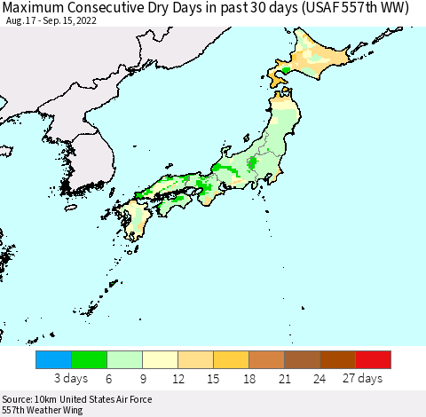 Japan Maximum Consecutive Dry Days in past 30 days (USAF 557th WW) 09/15/2022 Thematic Map For 9/11/2022 - 9/15/2022
