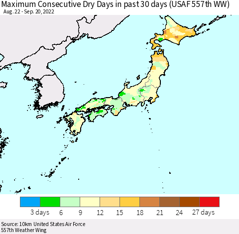 Japan Maximum Consecutive Dry Days in past 30 days (USAF 557th WW) 09/20/2022 Thematic Map For 9/16/2022 - 9/20/2022