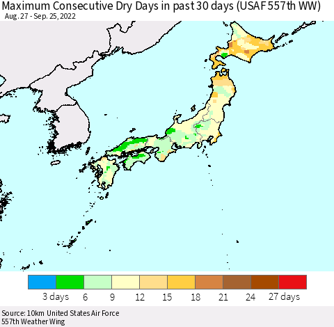 Japan Maximum Consecutive Dry Days in past 30 days (USAF 557th WW) 09/25/2022 Thematic Map For 9/21/2022 - 9/25/2022