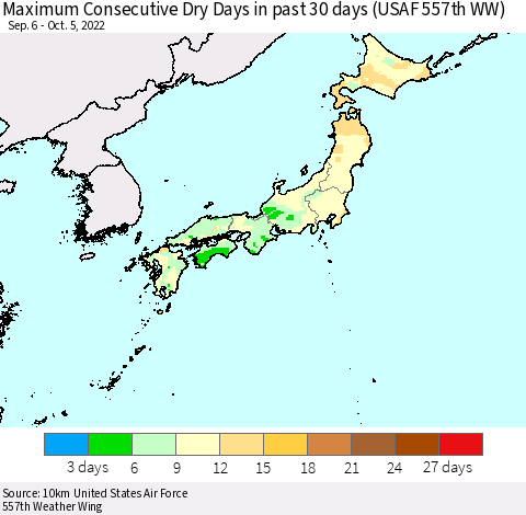 Japan Maximum Consecutive Dry Days in past 30 days (USAF 557th WW) 10/05/2022 Thematic Map For 10/1/2022 - 10/5/2022