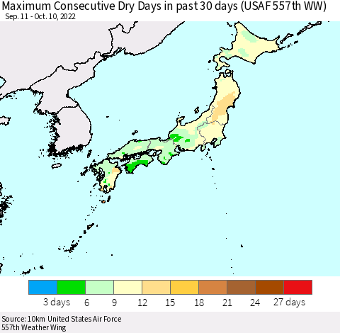 Japan Maximum Consecutive Dry Days in past 30 days (USAF 557th WW) 10/10/2022 Thematic Map For 10/6/2022 - 10/10/2022
