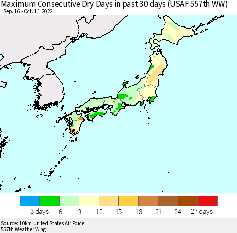 Japan Maximum Consecutive Dry Days in past 30 days (USAF 557th WW) 10/15/2022 Thematic Map For 10/11/2022 - 10/15/2022
