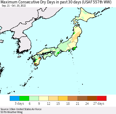 Japan Maximum Consecutive Dry Days in past 30 days (USAF 557th WW) 10/20/2022 Thematic Map For 10/16/2022 - 10/20/2022