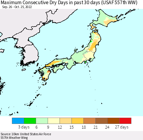 Japan Maximum Consecutive Dry Days in past 30 days (USAF 557th WW) 10/25/2022 Thematic Map For 10/21/2022 - 10/25/2022