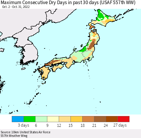 Japan Maximum Consecutive Dry Days in past 30 days (USAF 557th WW) 10/31/2022 Thematic Map For 10/26/2022 - 10/31/2022