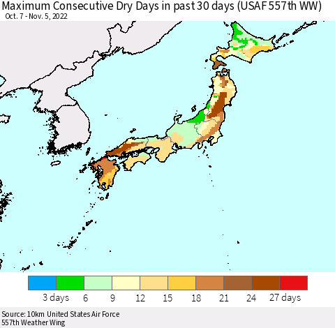 Japan Maximum Consecutive Dry Days in past 30 days (USAF 557th WW) 11/05/2022 Thematic Map For 11/1/2022 - 11/5/2022