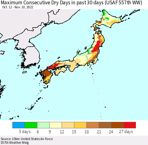 Japan Maximum Consecutive Dry Days in past 30 days (USAF 557th WW) 11/10/2022 Thematic Map For 11/6/2022 - 11/10/2022