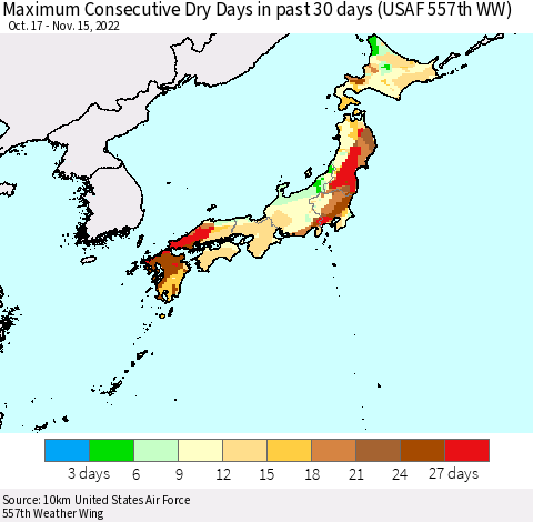 Japan Maximum Consecutive Dry Days in past 30 days (USAF 557th WW) 11/15/2022 Thematic Map For 11/11/2022 - 11/15/2022
