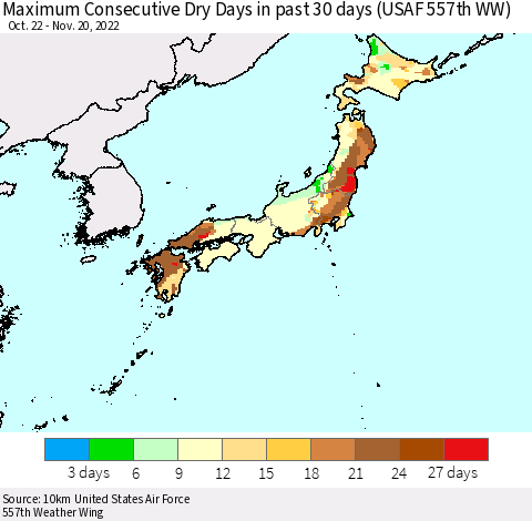 Japan Maximum Consecutive Dry Days in past 30 days (USAF 557th WW) 11/20/2022 Thematic Map For 11/16/2022 - 11/20/2022