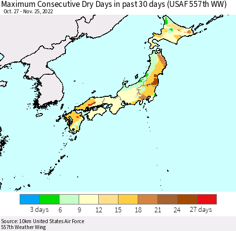 Japan Maximum Consecutive Dry Days in past 30 days (USAF 557th WW) 11/25/2022 Thematic Map For 11/21/2022 - 11/25/2022