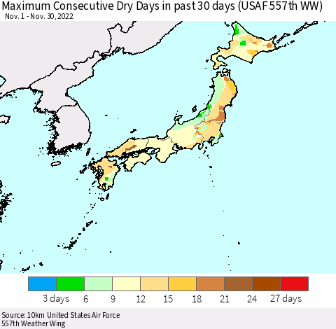 Japan Maximum Consecutive Dry Days in past 30 days (USAF 557th WW) 11/30/2022 Thematic Map For 11/26/2022 - 11/30/2022