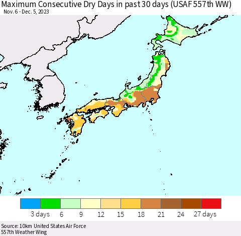 Japan Maximum Consecutive Dry Days in past 30 days (USAF 557th WW) 12/05/2023 Thematic Map For 12/1/2023 - 12/5/2023