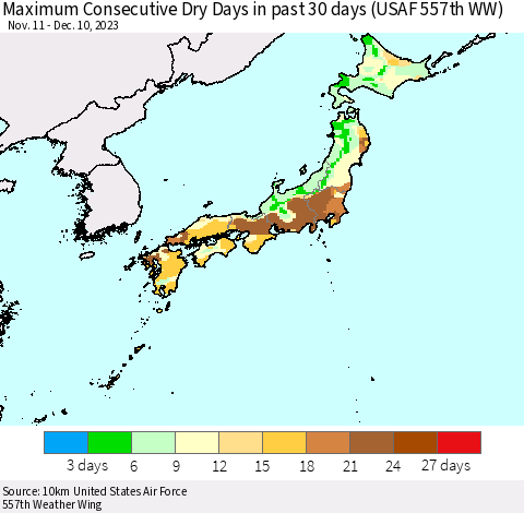 Japan Maximum Consecutive Dry Days in past 30 days (USAF 557th WW) 12/10/2023 Thematic Map For 12/6/2023 - 12/10/2023