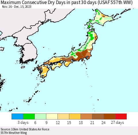Japan Maximum Consecutive Dry Days in past 30 days (USAF 557th WW) 12/15/2023 Thematic Map For 12/11/2023 - 12/15/2023