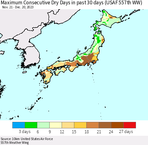 Japan Maximum Consecutive Dry Days in past 30 days (USAF 557th WW) 12/20/2023 Thematic Map For 12/16/2023 - 12/20/2023