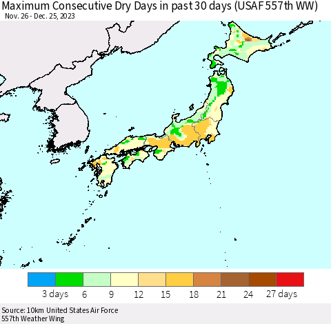 Japan Maximum Consecutive Dry Days in past 30 days (USAF 557th WW) 12/25/2023 Thematic Map For 12/21/2023 - 12/25/2023