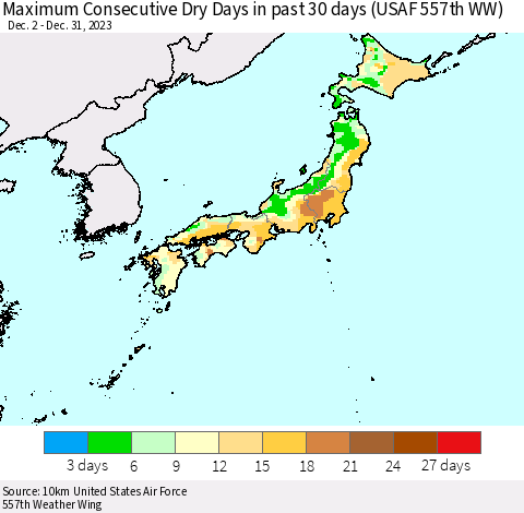 Japan Maximum Consecutive Dry Days in past 30 days (USAF 557th WW) 12/31/2023 Thematic Map For 12/26/2023 - 12/31/2023