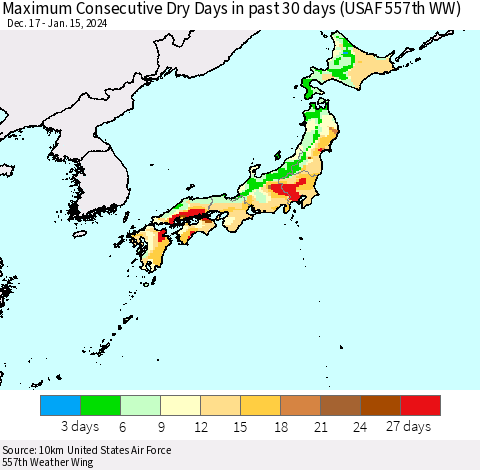 Japan Maximum Consecutive Dry Days in past 30 days (USAF 557th WW) 01/15/2024 Thematic Map For 1/11/2024 - 1/15/2024