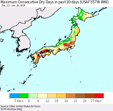 Japan Maximum Consecutive Dry Days in past 30 days (USAF 557th WW) 01/20/2024 Thematic Map For 1/16/2024 - 1/20/2024