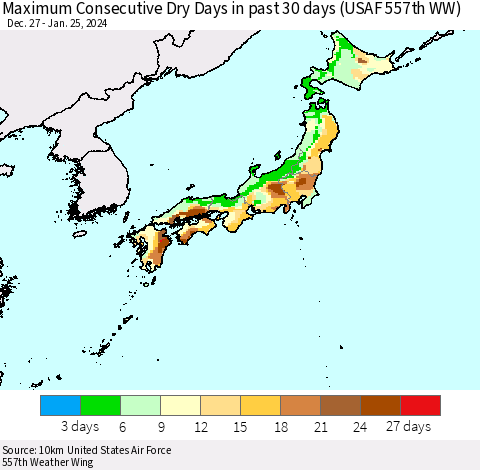 Japan Maximum Consecutive Dry Days in past 30 days (USAF 557th WW) 01/25/2024 Thematic Map For 1/21/2024 - 1/25/2024