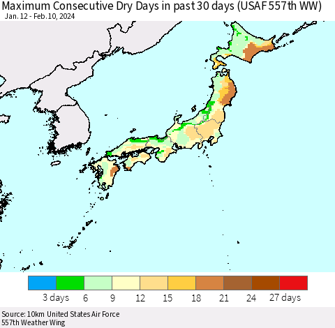 Japan Maximum Consecutive Dry Days in past 30 days (USAF 557th WW) 02/10/2024 Thematic Map For 2/6/2024 - 2/10/2024