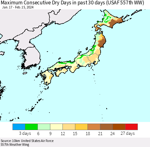 Japan Maximum Consecutive Dry Days in past 30 days (USAF 557th WW) 02/15/2024 Thematic Map For 2/11/2024 - 2/15/2024