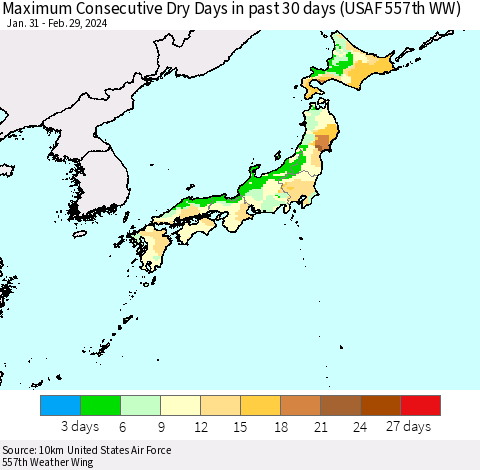 Japan Maximum Consecutive Dry Days in past 30 days (USAF 557th WW) 02/29/2024 Thematic Map For 2/26/2024 - 2/29/2024