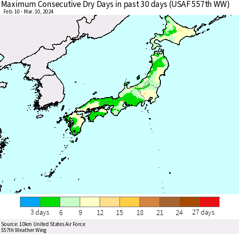 Japan Maximum Consecutive Dry Days in past 30 days (USAF 557th WW) 03/10/2024 Thematic Map For 3/6/2024 - 3/10/2024