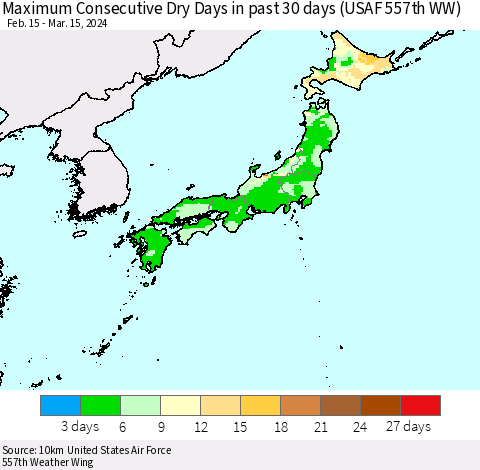 Japan Maximum Consecutive Dry Days in past 30 days (USAF 557th WW) 03/15/2024 Thematic Map For 3/11/2024 - 3/15/2024