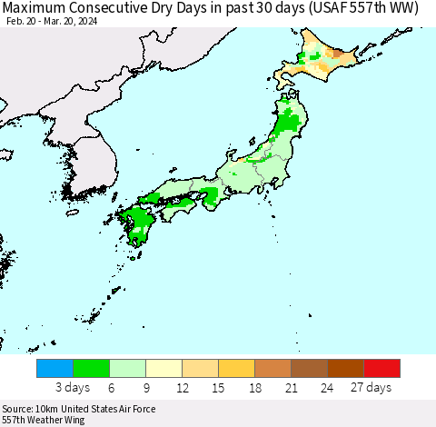 Japan Maximum Consecutive Dry Days in past 30 days (USAF 557th WW) 03/20/2024 Thematic Map For 3/16/2024 - 3/20/2024