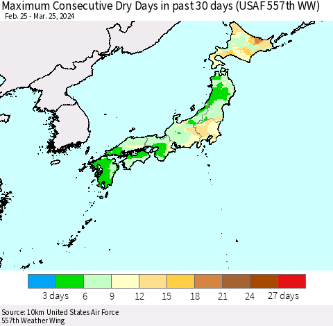 Japan Maximum Consecutive Dry Days in past 30 days (USAF 557th WW) 03/25/2024 Thematic Map For 3/21/2024 - 3/25/2024