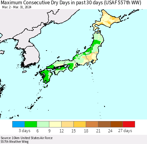 Japan Maximum Consecutive Dry Days in past 30 days (USAF 557th WW) 03/31/2024 Thematic Map For 3/26/2024 - 3/31/2024