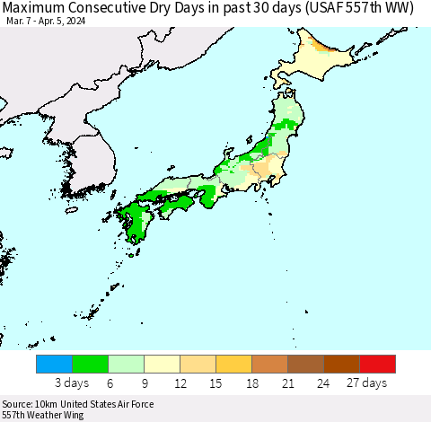Japan Maximum Consecutive Dry Days in past 30 days (USAF 557th WW) 04/05/2024 Thematic Map For 4/1/2024 - 4/5/2024