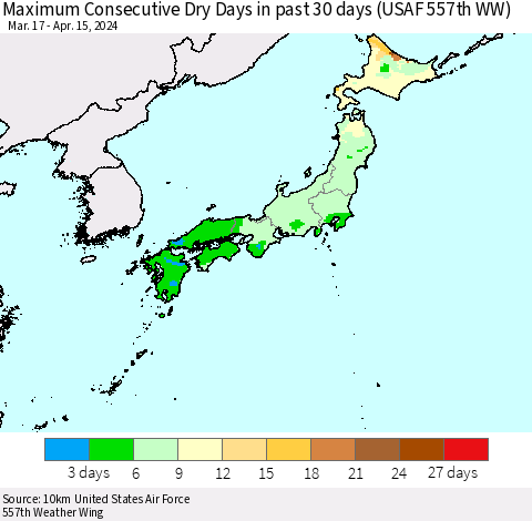 Japan Maximum Consecutive Dry Days in past 30 days (USAF 557th WW) 04/15/2024 Thematic Map For 4/11/2024 - 4/15/2024