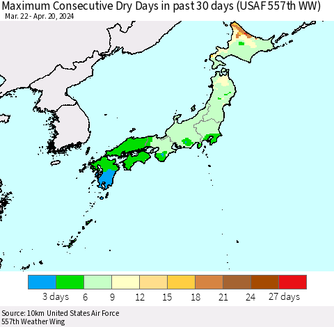 Japan Maximum Consecutive Dry Days in past 30 days (USAF 557th WW) 04/20/2024 Thematic Map For 4/16/2024 - 4/20/2024