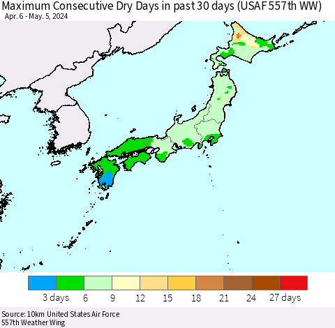 Japan Maximum Consecutive Dry Days in past 30 days (USAF 557th WW) 05/05/2024 Thematic Map For 5/1/2024 - 5/5/2024