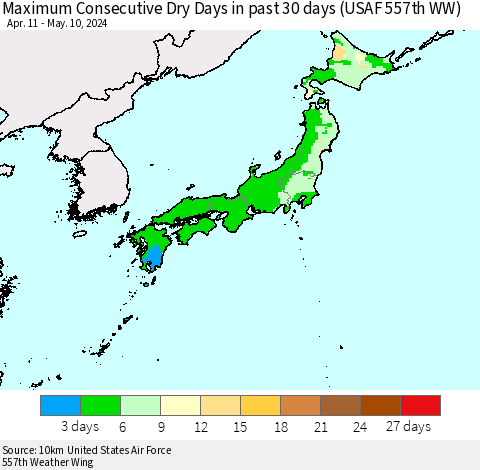 Japan Maximum Consecutive Dry Days in past 30 days (USAF 557th WW) 05/10/2024 Thematic Map For 5/6/2024 - 5/10/2024
