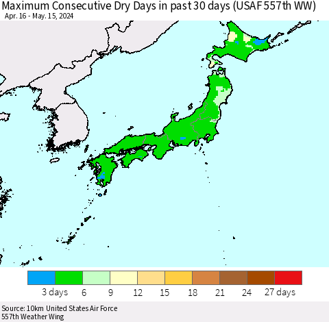 Japan Maximum Consecutive Dry Days in past 30 days (USAF 557th WW) 05/15/2024 Thematic Map For 5/11/2024 - 5/15/2024