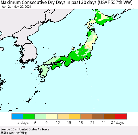 Japan Maximum Consecutive Dry Days in past 30 days (USAF 557th WW) 05/20/2024 Thematic Map For 5/16/2024 - 5/20/2024