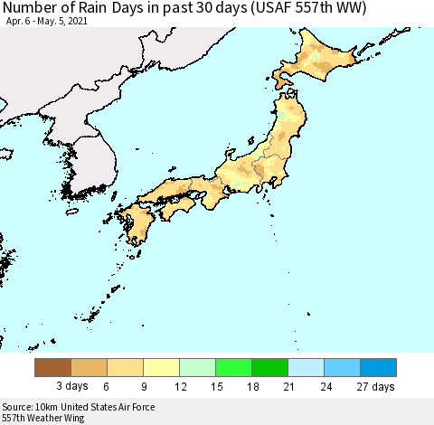 Japan Number of Rain Days in past 30 days (USAF 557th WW) 05/05/2021 Thematic Map For 5/1/2021 - 5/5/2021