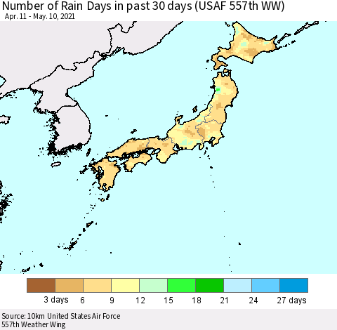 Japan Number of Rain Days in past 30 days (USAF 557th WW) 05/10/2021 Thematic Map For 5/6/2021 - 5/10/2021