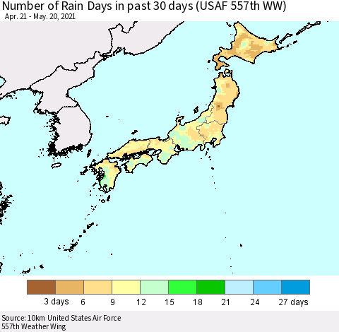 Japan Number of Rain Days in past 30 days (USAF 557th WW) 05/20/2021 Thematic Map For 5/16/2021 - 5/20/2021
