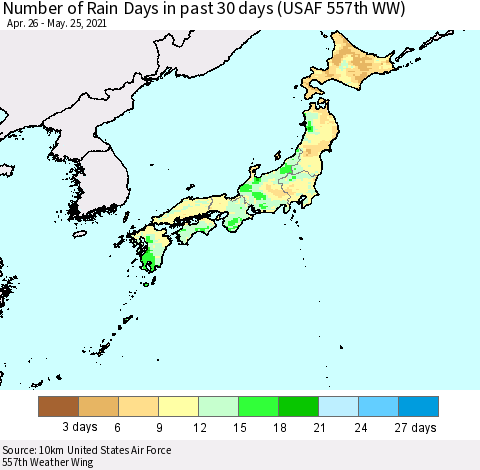 Japan Number of Rain Days in past 30 days (USAF 557th WW) 05/25/2021 Thematic Map For 5/21/2021 - 5/25/2021
